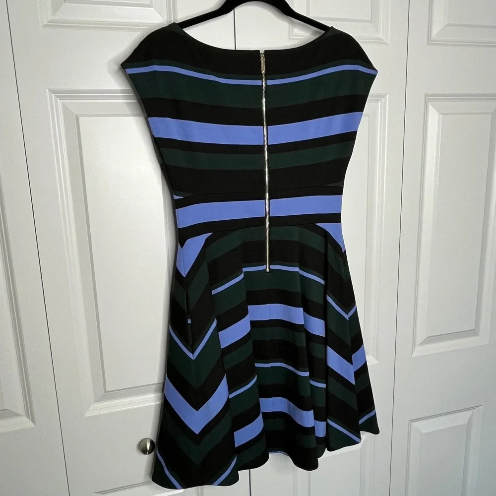 Kate Spade Striped Fit Flare Dress Small Blue Green Black Boat Neck Pockets